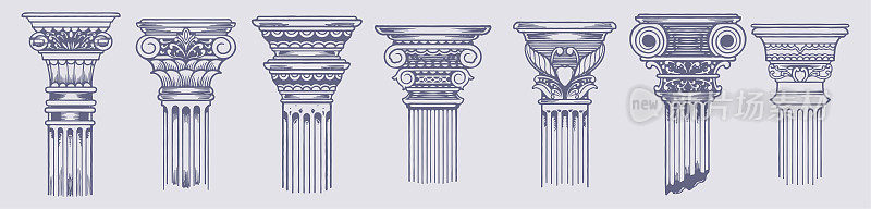 古希腊圆柱-复古素描插图集复古设计|手绘矢量艺术经典建筑和华丽的柱子，装饰元素的历史文化概念